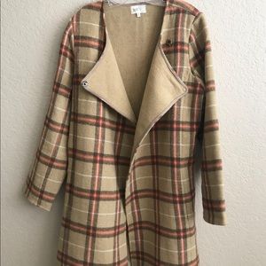 Tan Brown Plaid Flannel Long Wool Pea Coat